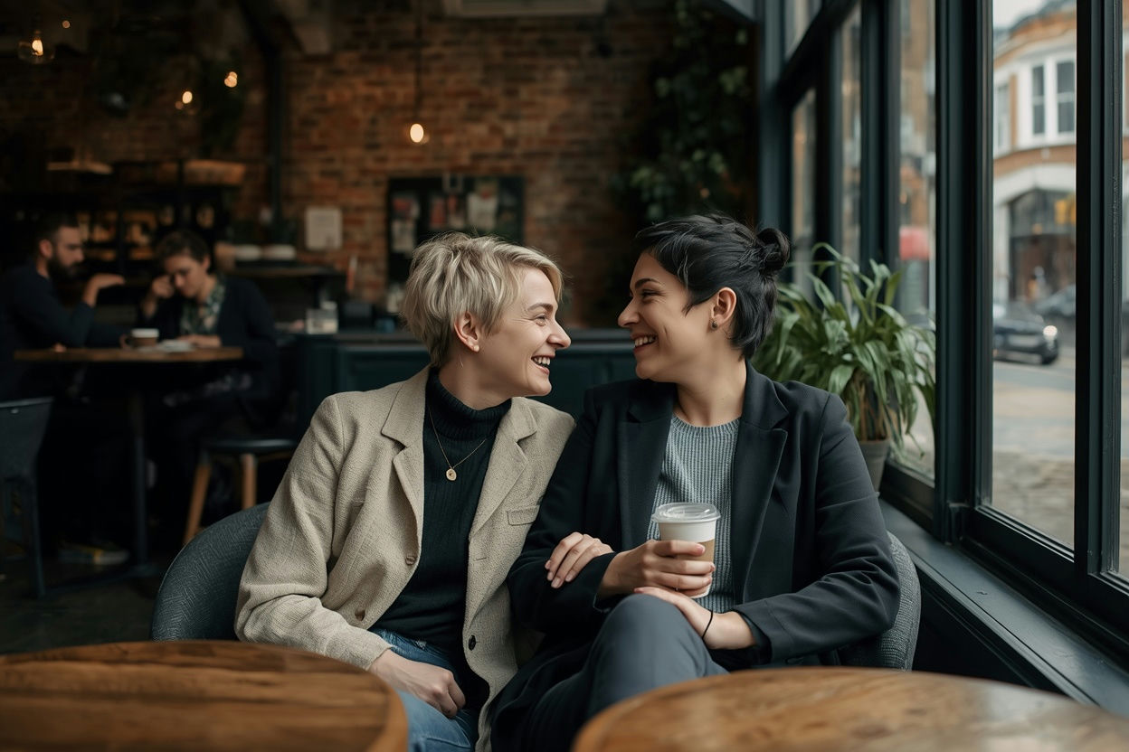 Lesbian couple in an East London coffee shop