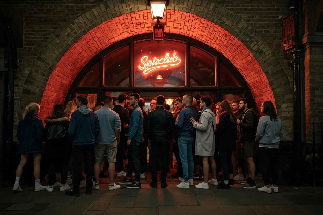 Diverse queer crowd outside a Vauxhall nightclub