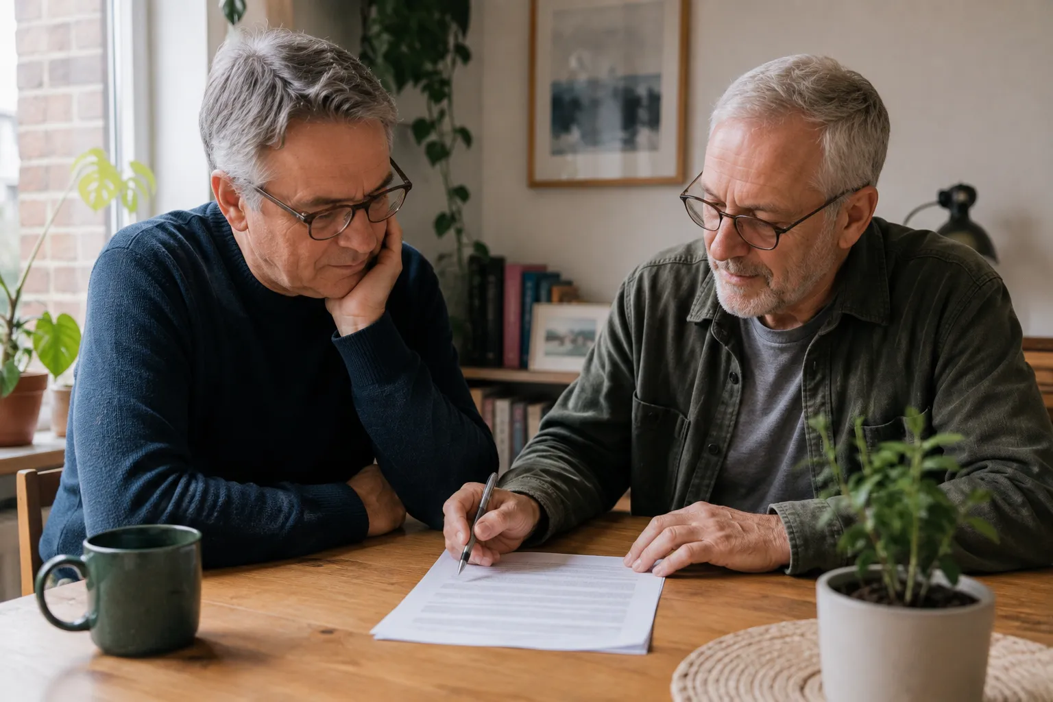 Two flatmates reading a tenancy agreement together at a table