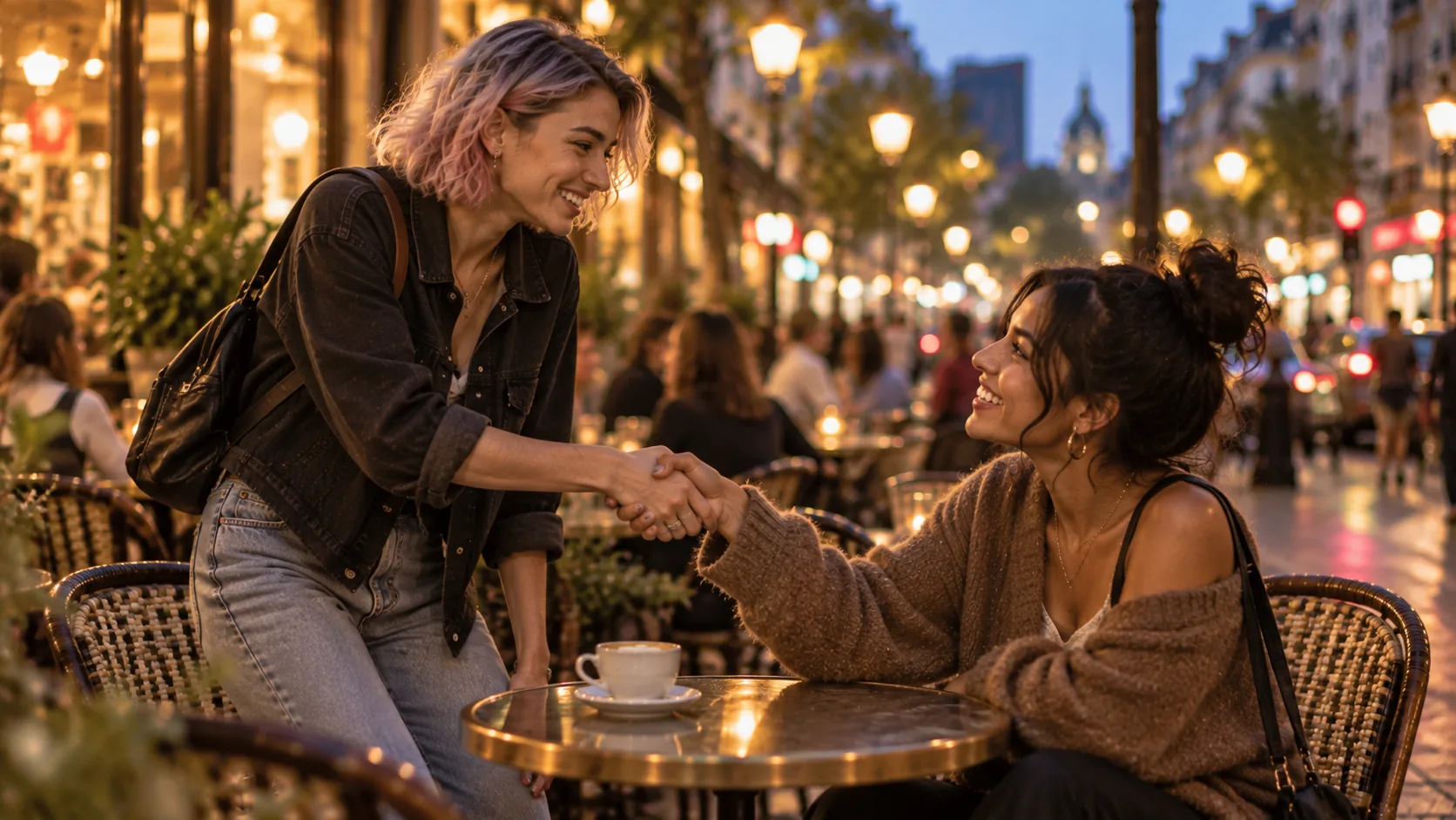 Two new friends meeting over coffee at a city cafe in the evening