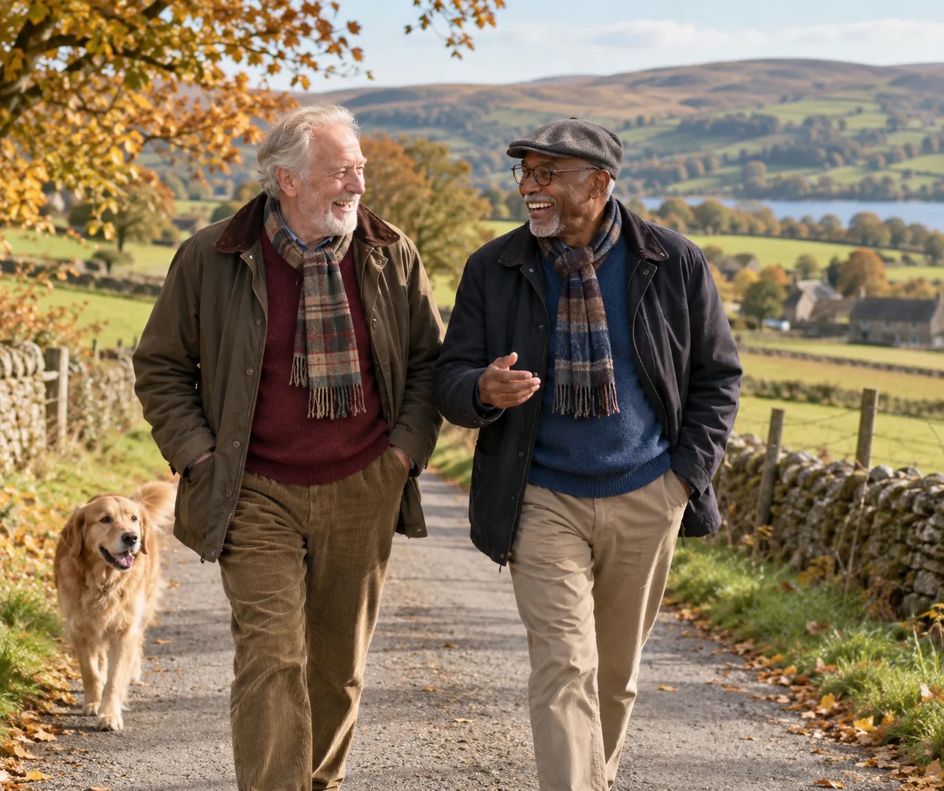 Two older friends walking a country lane together in autumn