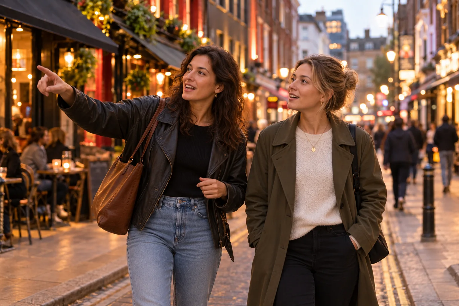 A local showing a newcomer around a lively city street in the evening