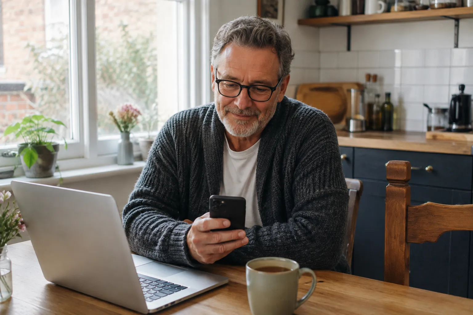 A person at a kitchen table checking their phone next to a laptop