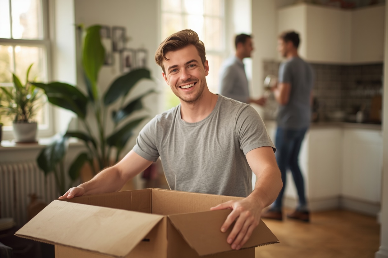 Gay man unpacking boxes in a new London flat