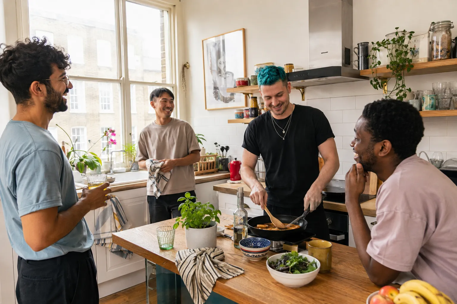 Four flatmates cooking and chatting in a shared London kitchen