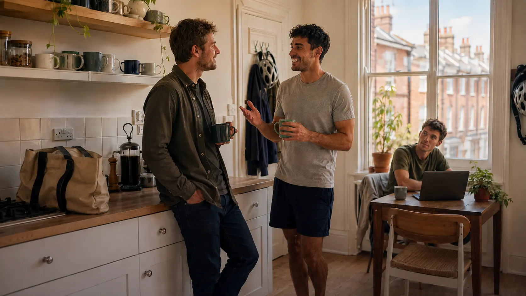 Flatmates talking over coffee in a shared kitchen after a viewing