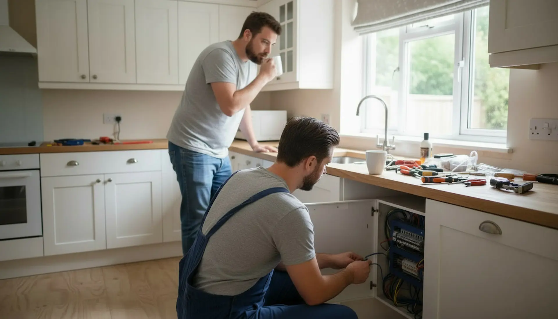 An electrician working on a kitchen fuse box while another man looks on, natural light kitchen