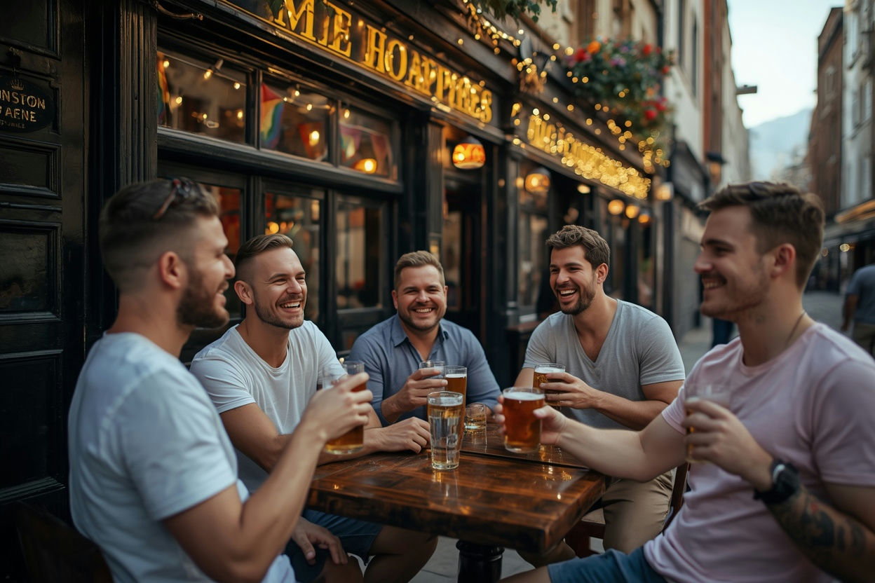 Gay men drinking outside a Soho pub