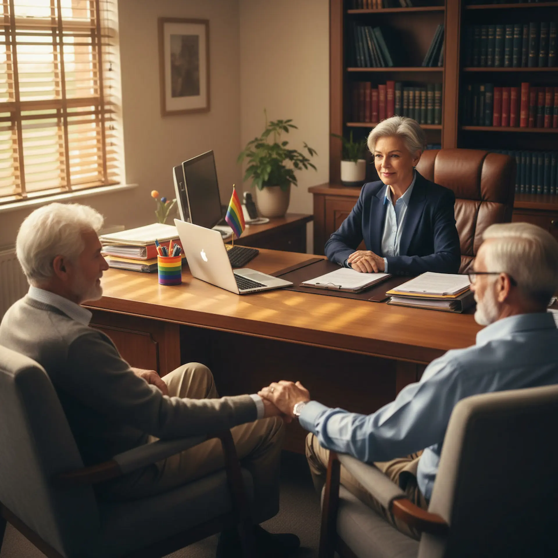 A solicitor at her desk in consultation with an older gay male couple seated across from her