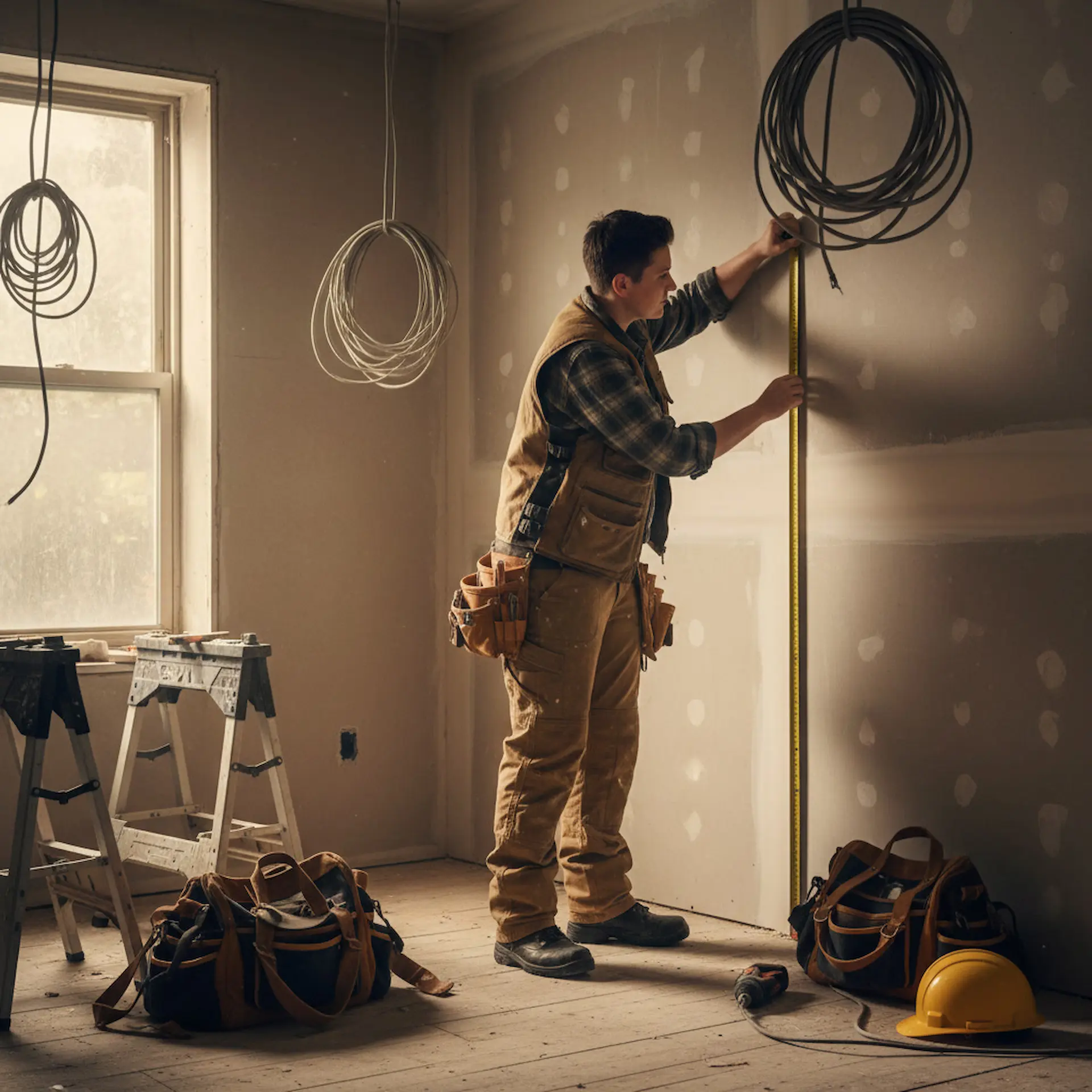 A woman builder measuring a wall in a partially renovated room, tool bags and ladder nearby