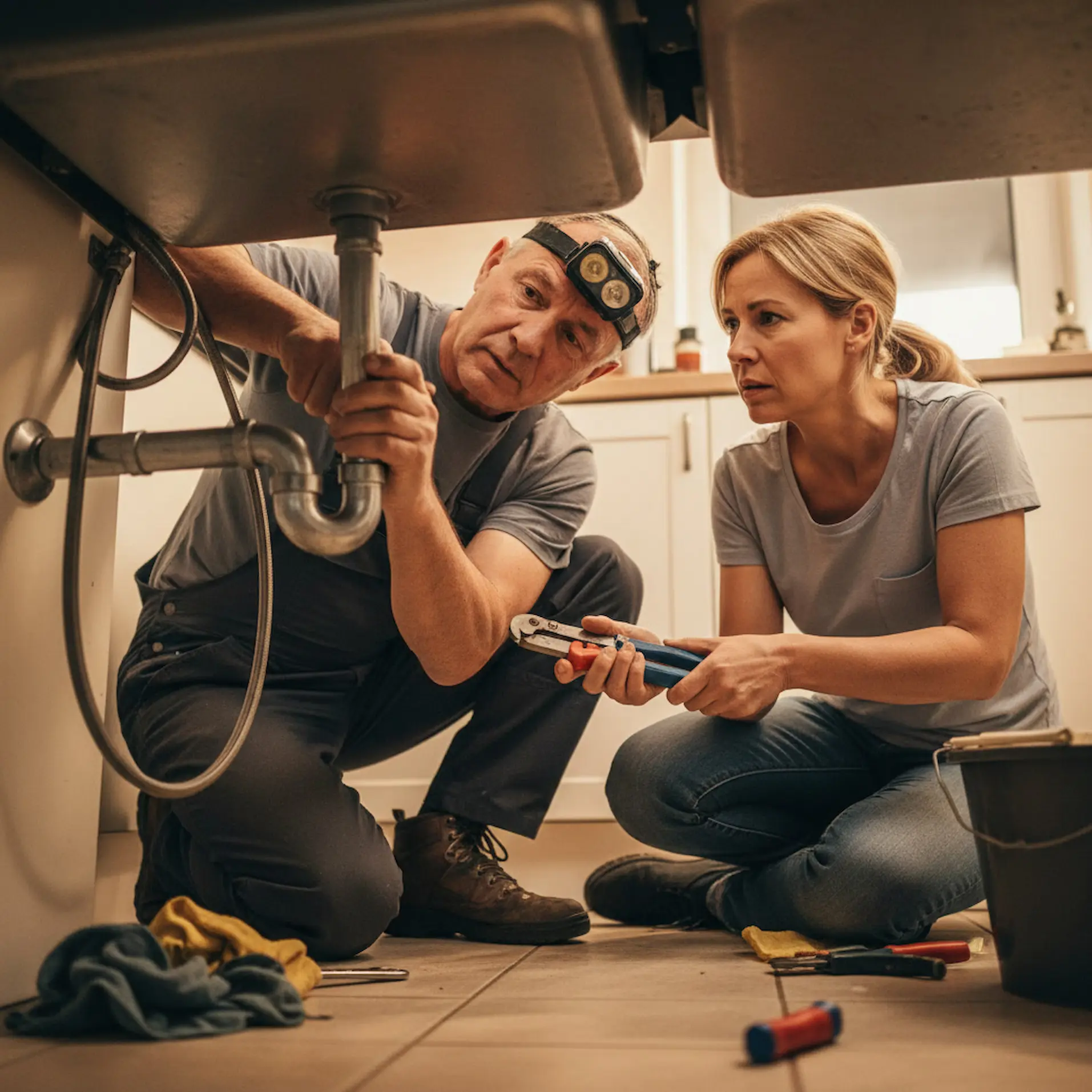 A plumber working under a kitchen sink while a woman hands him a tool, candid photography style