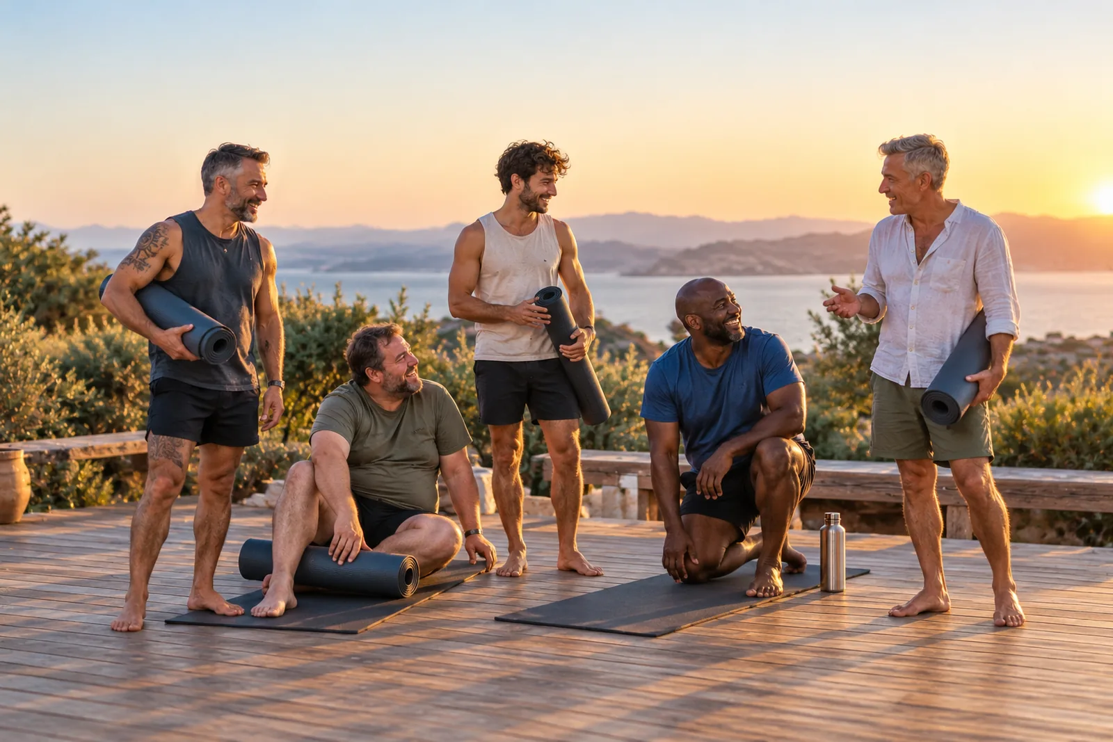 Five men with yoga mats chatting on a wooden deck above the sea at sunset