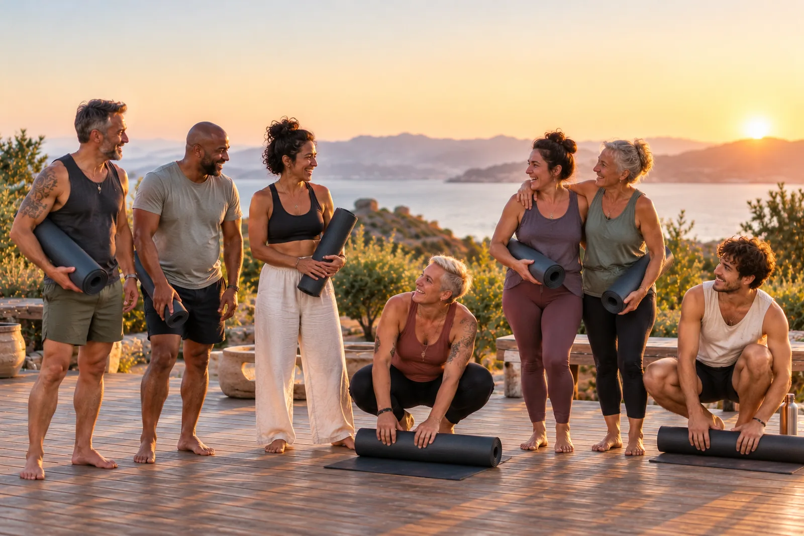 A mixed group of LGBTQ+ friends with yoga mats on a terrace above the sea at sunset