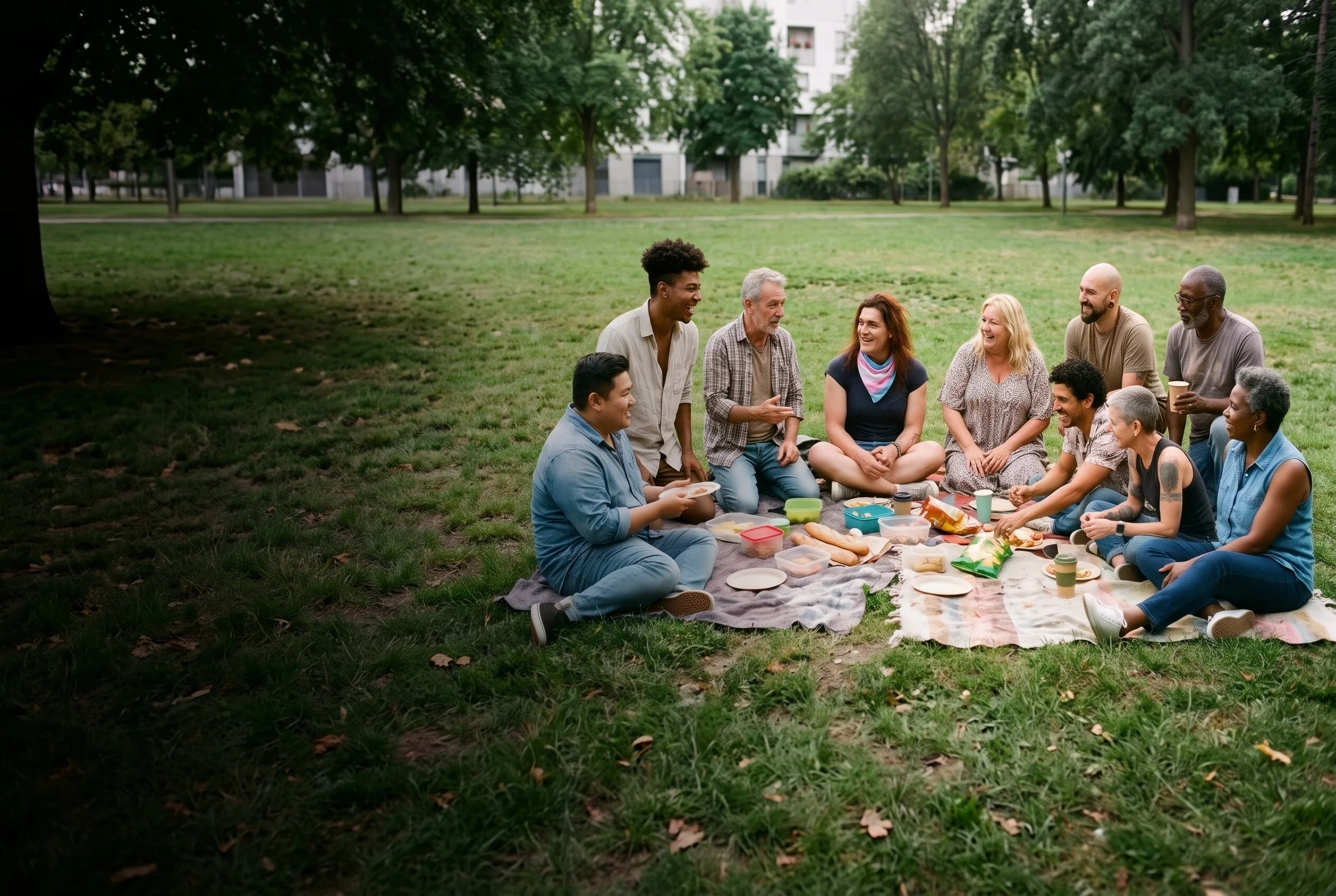 LGBTQ+ friends of many ages and backgrounds having a picnic in a park